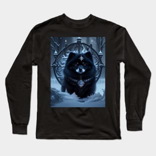 Snowy Black Pomeranian In Front of a Pentagram Gate Long Sleeve T-Shirt